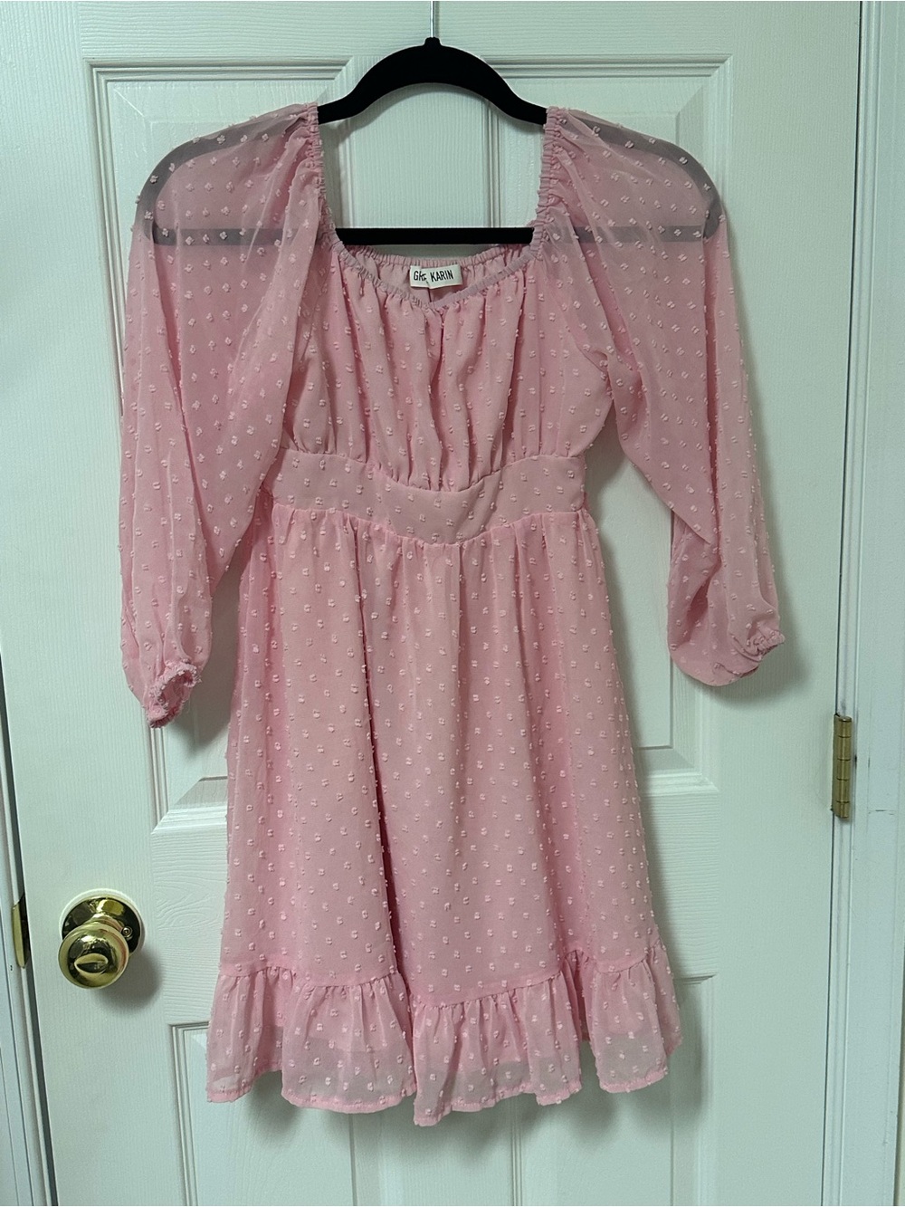 Grace Karin Pink Swiss Dot Puff Sleeve Casual Dress